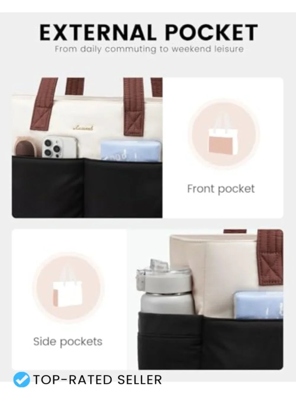 Puffer Tote Bag with 8 Pockets & Cosmetic Pouch, Waterproof Work Tote for
